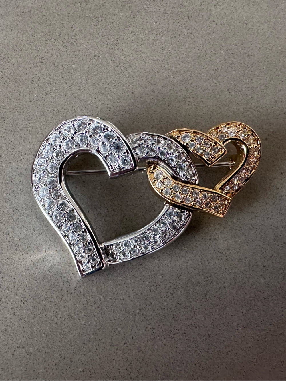 Swarovski Two-Tone Crystal Heart Link Brooch — Silver & Gold